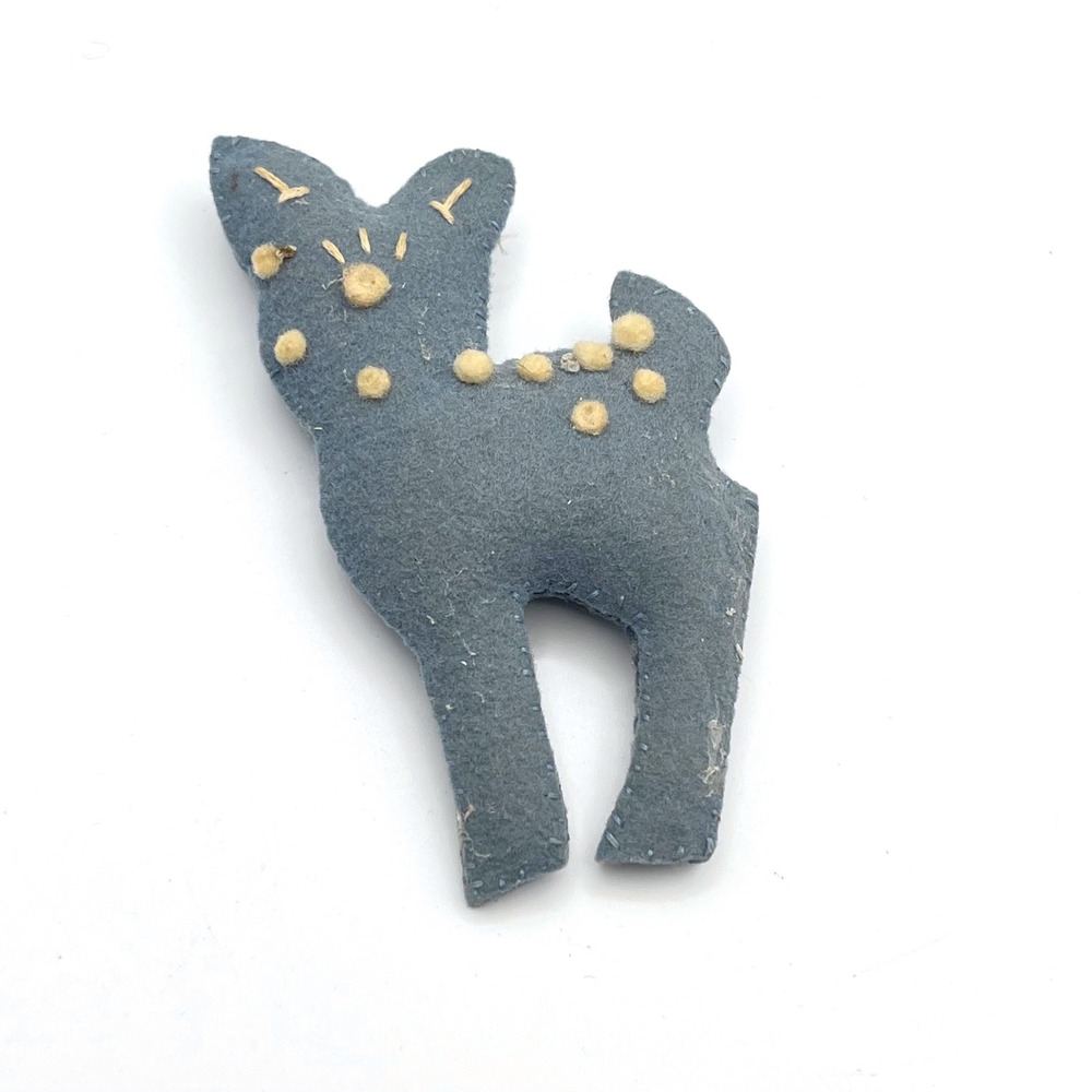 Vintage Handmade Blue Felt Deer Brooch Hand Stitched Fawn Pin Woodland Folk Art